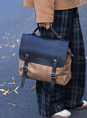 禾二HIR黑松原创小众复古邮差单双肩斜挎腋下背包羊毛格子皮书包