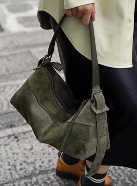 禾二HIR轻复古头层反绒麂皮HOBO腋下单肩斜挎通勤真皮枕头流浪包