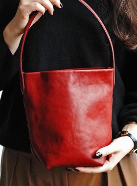 禾二HIR头层植鞣牛皮覆盆子红法式水桶真皮腋下单肩时尚简约婚包