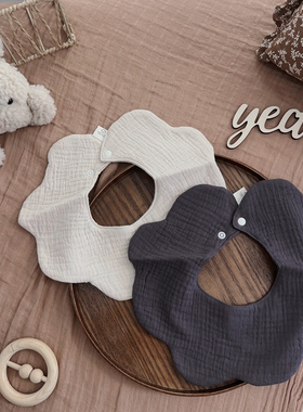 isn韩版莫兰迪纯棉纱布婴儿围嘴港风纯色花瓣圆形高端吸水口水巾