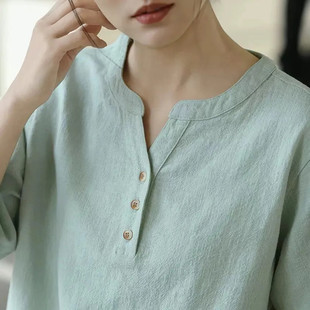 2026夏季新款棉麻女装高端苎麻v领短袖套头T恤女宽松透气通勤衬衫