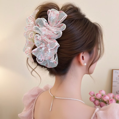 粉色网纱碎花大号鲨鱼夹发量多