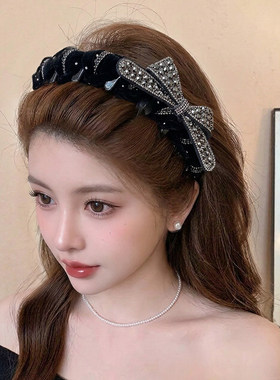 复古高级黑色蝴蝶结钻石发箍女百搭精致宽边头箍气质高颅顶头饰