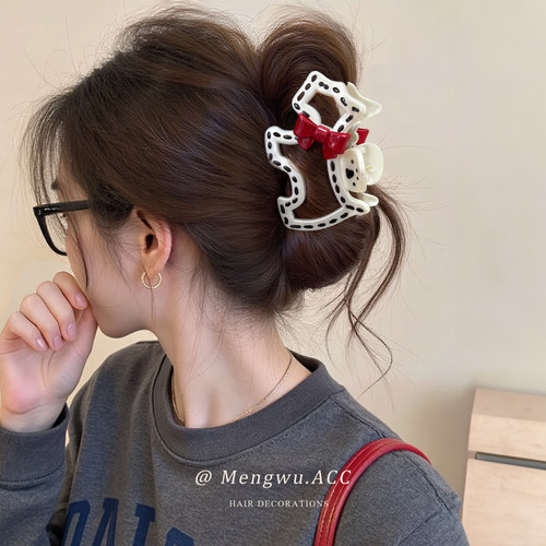 可爱黑白条纹蝴蝶结小狗抓夹女高级2026新款高级感法式鲨鱼夹发饰