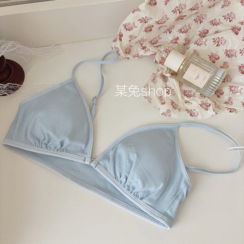 温柔奶蓝色~少女三角杯性感前扣无钢圈内衣文胸小胸法式薄款聚拢