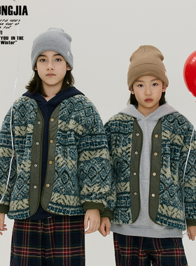 费尔岛羊羔绒提花双面穿厚实外套儿童上衣秋冬新男女童装保暖