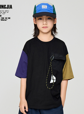 ZAIXIONGJIA◆黑色撞色短袖T恤山系露营风洋气百搭儿童夏装圆领棉