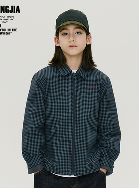 蓝色小格子夹棉拉链翻领外套儿童上衣秋冬打底衫男女童装宽松