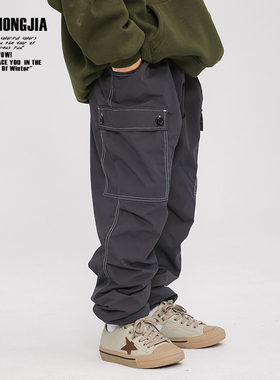 ZAIXIONGJIA◆银灰色明线加绒加厚束脚长裤童裤童装松紧腰冬新软