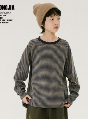 灰蓝条纹圆领打底T恤儿童上衣基础打底衫春秋冬男女童装宽松棉