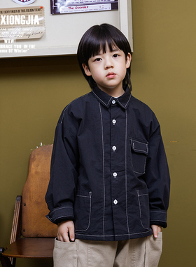 ZAIXONGJIA◆秋冬新加绒加厚明线黑色帅气衬衫外套上衣打底衫男童