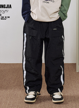 ZAIXIONGJIA◆黑色侧边反光条速干长裤直筒童装儿童裤子松紧腰软