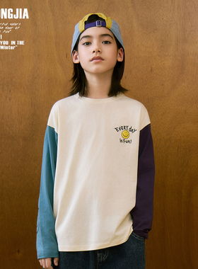 三色撞色卡通印花撞色儿童T恤基础打底衫男女童装上衣圆领棉