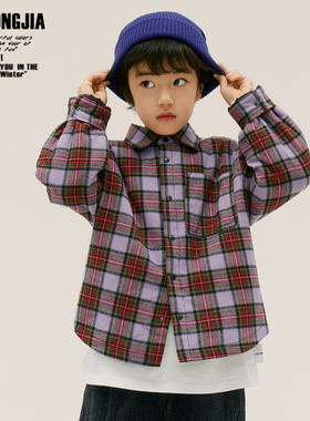 好看紫色夹棉加厚深秋初冬衬衫外套男女童装冬季打底休闲儿童上衣