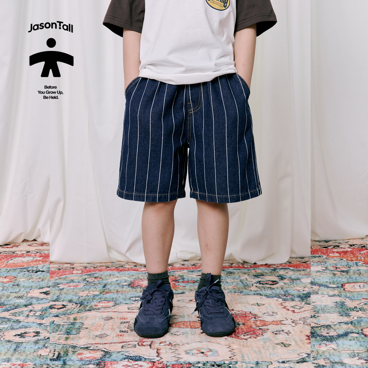 好品质深蓝条纹牛仔后口袋绣花宝宝儿童牛仔短裤松紧腰幼儿园裤