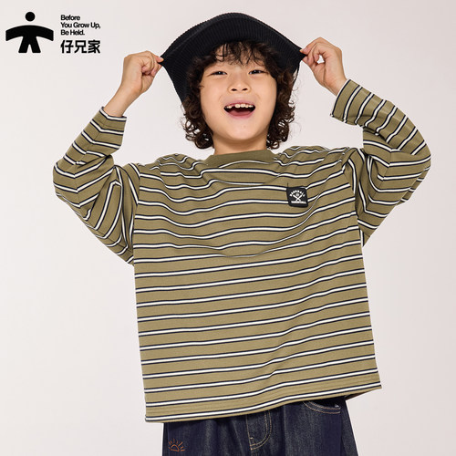 卡其绿条纹长袖T恤儿童上衣圆领胸前皮标宽松宝宝上衣春秋棉
