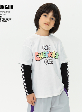 ZAIXONGJIA◆白色黑袖拼接假两件长袖T恤上衣打底衫男女童装春秋