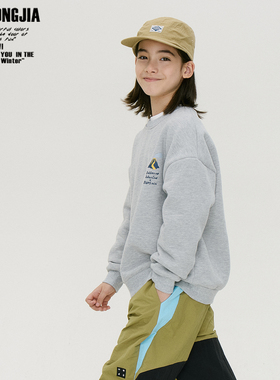 灰色山系户外风后背印花一体绒加绒加厚套头卫衣秋打底衫童装棉