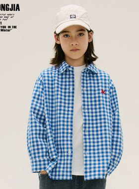 深秋初冬清爽蓝色格子加绒衬衫儿童上衣打底衫内搭外套男女童装面