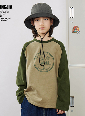 ZAIXIONGJIA◆山系露营风绿色插肩袖长袖T恤上衣打底衫圆领棉童装