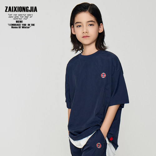 ZAIXONGJIA◆藏青薄透气短袖短裤套装卫衣上衣打底衫松紧腰童装