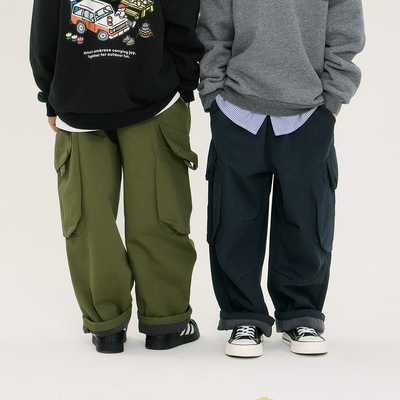 两色加绒加厚冬季休闲工装长裤儿童裤子男女童装宽松厚实保暖