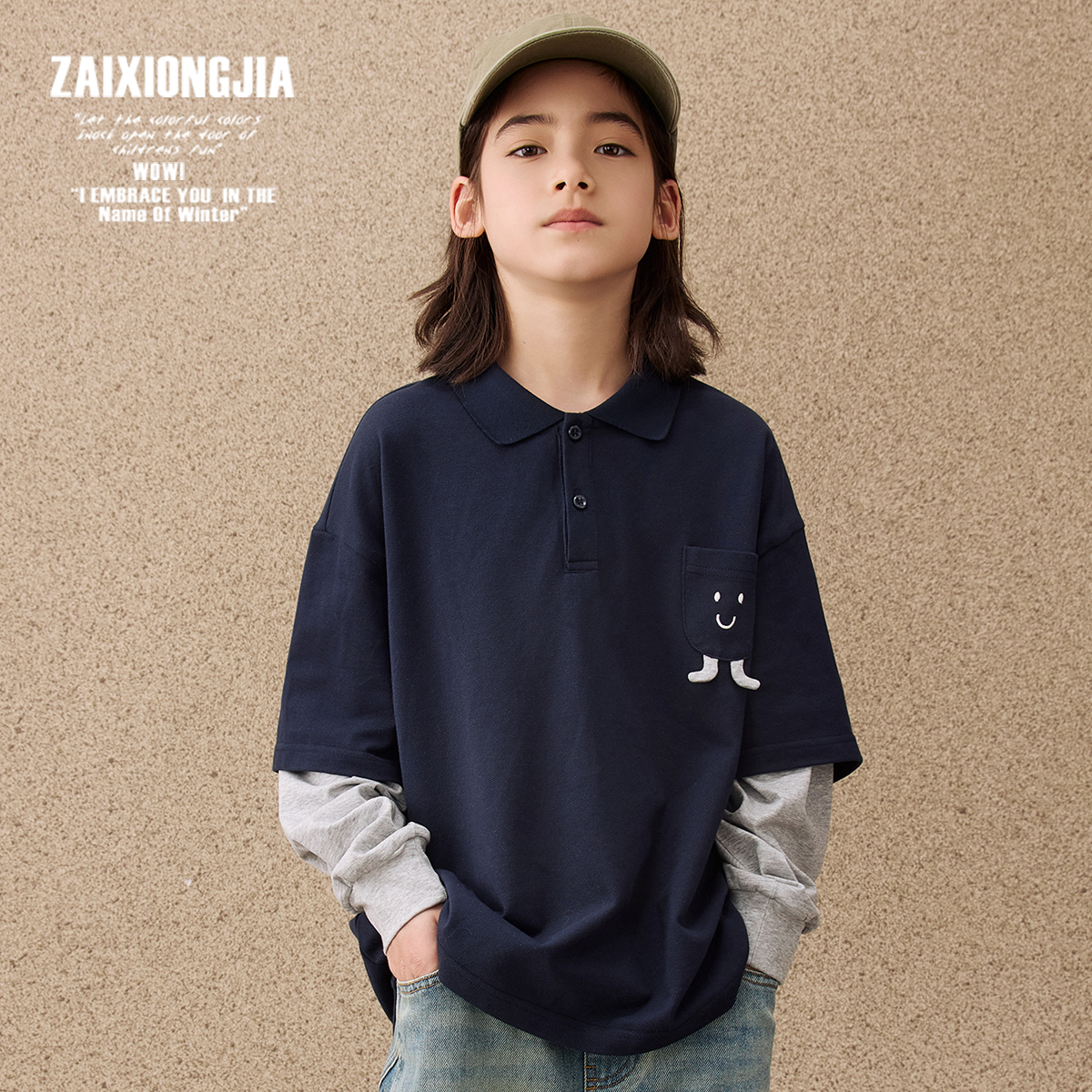 ZAIXONGJIA◆深蓝卡通口袋灰色袖子假两件长袖polo衫T恤儿童上衣