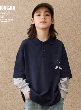 ZAIXONGJIA◆深蓝卡通口袋灰色袖子假两件长袖polo衫T恤儿童上衣