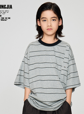 ZAIXIONGJIA◆简约灰色条纹短袖T恤上衣圆领打底衫男女童装宽松棉