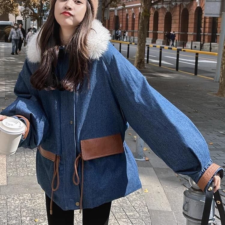 美式复古牛仔派克棉服女冬超火好看加绒加厚工装羽绒棉衣棉袄外套,女装棉衣/棉服,2C270