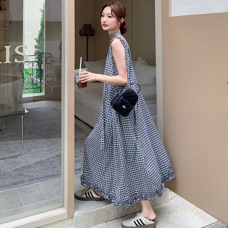 2C270-2827-P120-K178新款格子腰带长款连衣裙,女装连衣裙,2C270