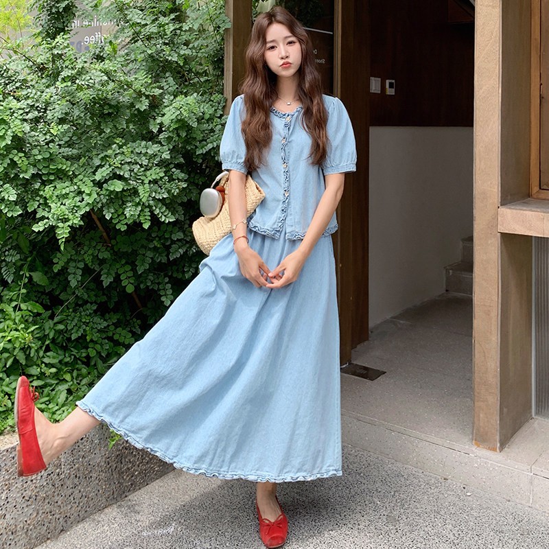 2C270-2831-P165-K238花边牛仔短袖套装,女装套装/套裙,2C270