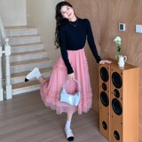2C270-967-P125-K188淑女风蕾丝撞色长袖连衣裙，女装连衣裙，2C270