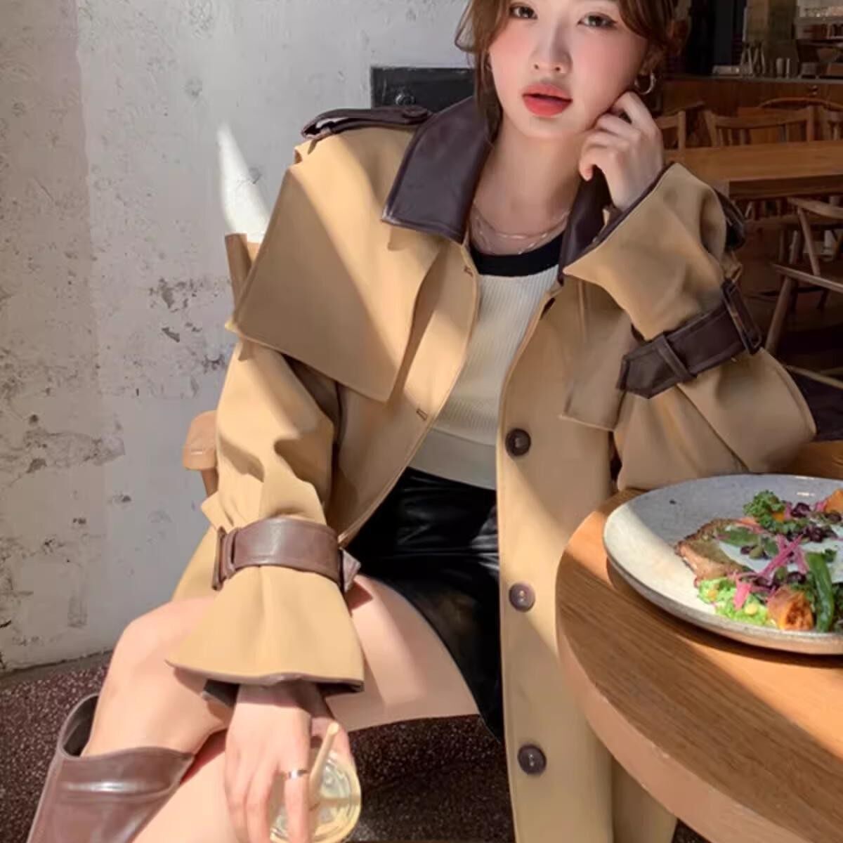 2C270-835-P175-K258春款小个子款短款拼接皮料风衣,女装风衣,2C270