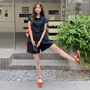 港风时尚系带盐系穿搭牛仔套装女夏季新款轻薄衬衫阔腿短裤两件套图片