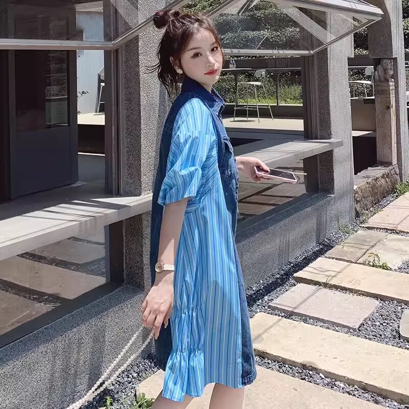 C270-830-P110-K168夏款牛仔拼接条纹连衣裙现货,女装连衣裙,2C270
