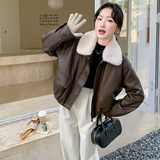 咖色毛绒翻领皮衣派克服女2025年冬季新款高级感加绒加厚机车夹克，女装皮衣，2C270