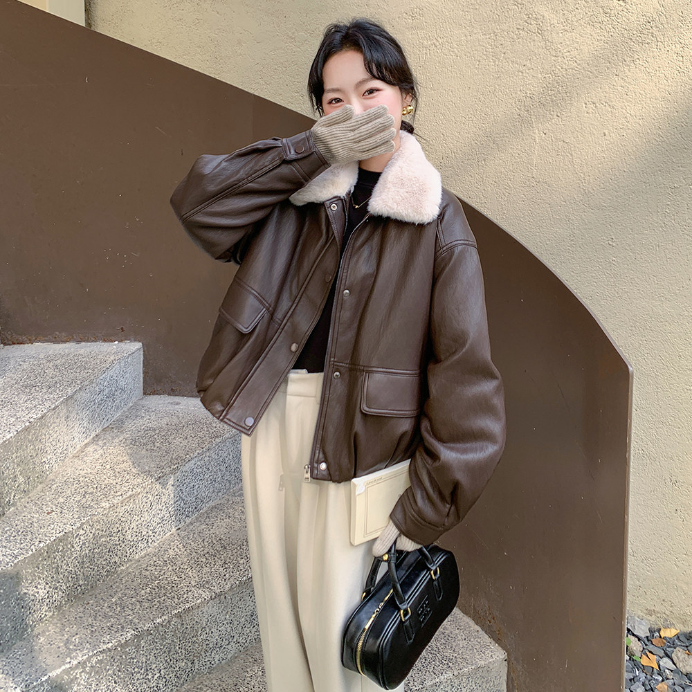 咖色毛绒翻领皮衣派克服女2025年冬季新款高级感加绒加厚机车夹克,女装皮衣,2C270