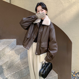 咖色毛绒翻领皮衣派克服女2025年冬季新款高级感加绒加厚机车夹克，女装皮衣，2C270