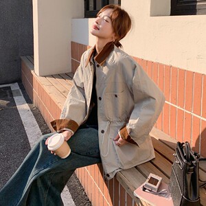 C270-2778-P155-K228 春款拼接灯芯绒工装收腰风衣图片