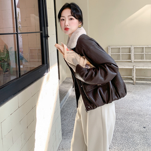 咖色毛绒翻领皮衣派克服女2025年冬季新款高级感加绒加厚机车夹克图片