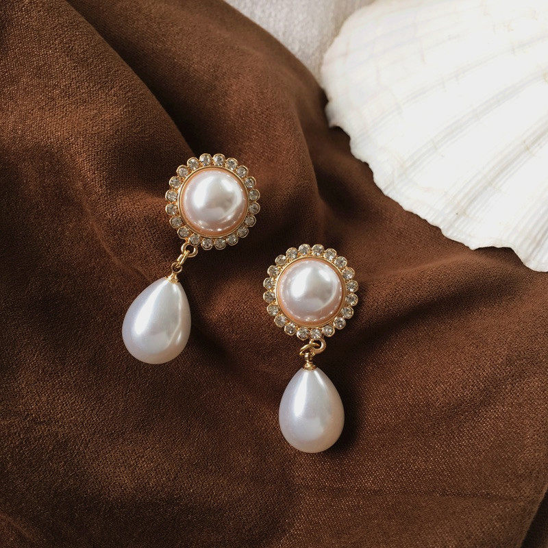 包邮 复古优雅赫本风珍珠吊坠耳钉925银针百搭无耳洞耳夹女