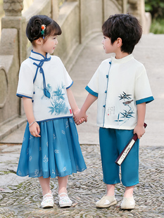 幼儿园表演出服 汉服夏季 套装 男女童中国风国学唐装 儿童改良版 短袖
