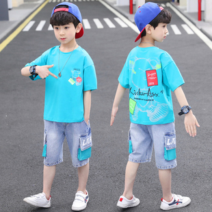 中大童儿童时尚 薄款 男童韩版 夏季 短袖 套装 牛仔工装 时尚 短裤 两件套