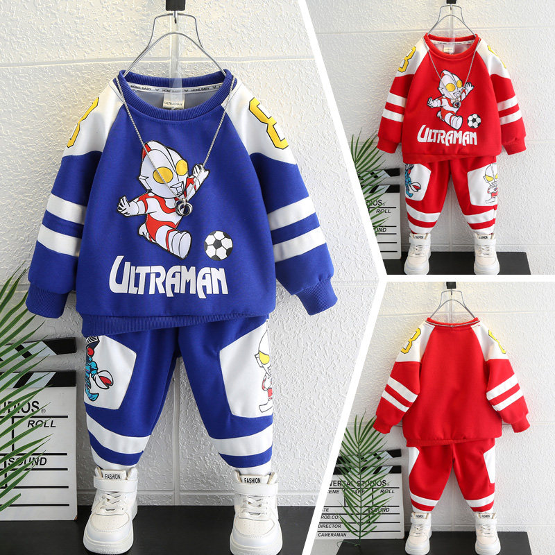 男童撞色拼接衣服春秋款儿童炸街卫衣套装小孩奥特曼踢球两件套潮