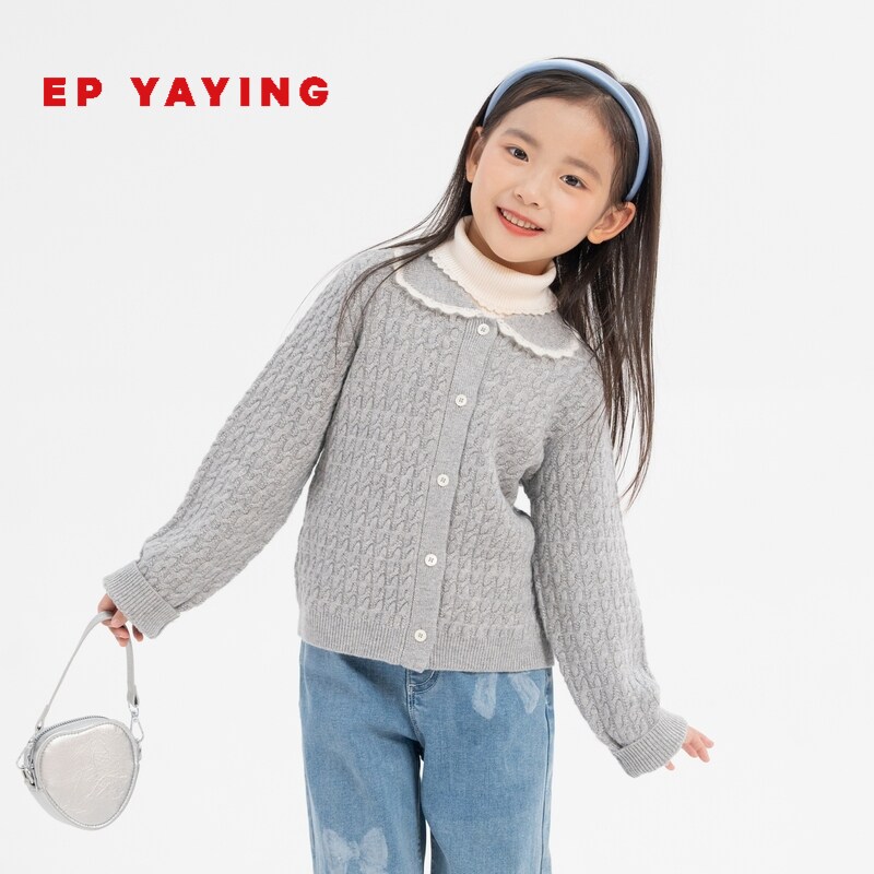 雅莹童装蕾丝花边娃娃领针织开衫