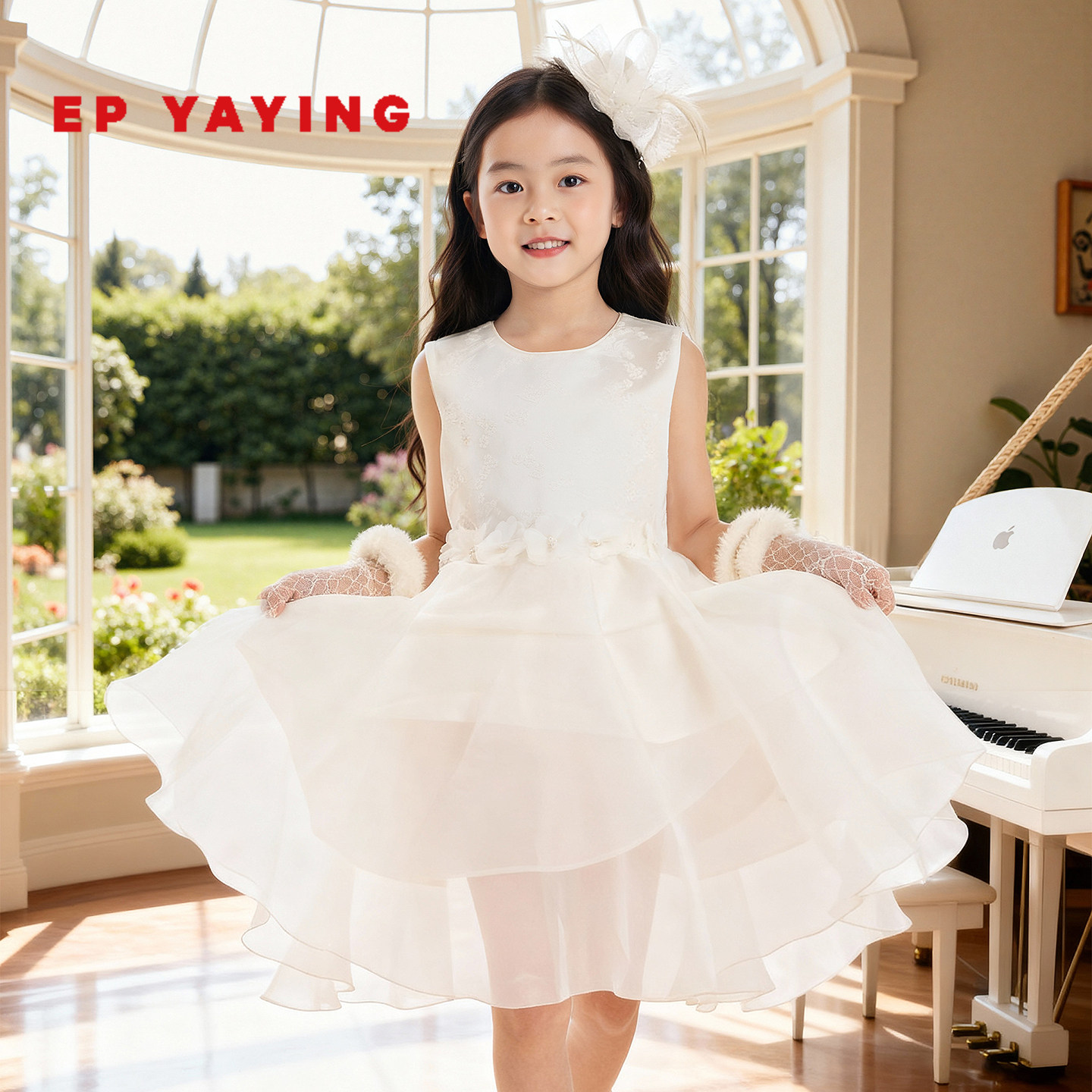 雅莹童装手工立体花朵网纱礼服裙
