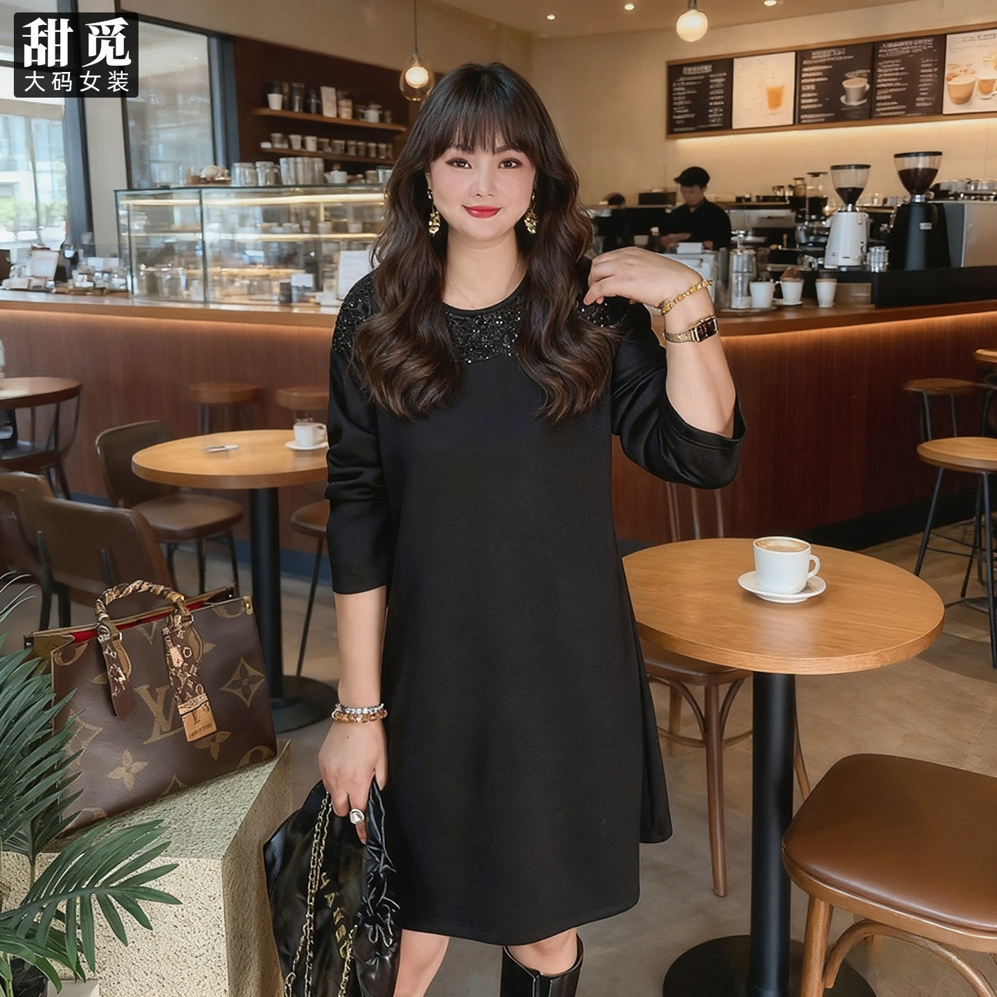 甜觅特大码女装2025春秋装胖mm300斤精致亮片刺绣网纱拼接连衣裙