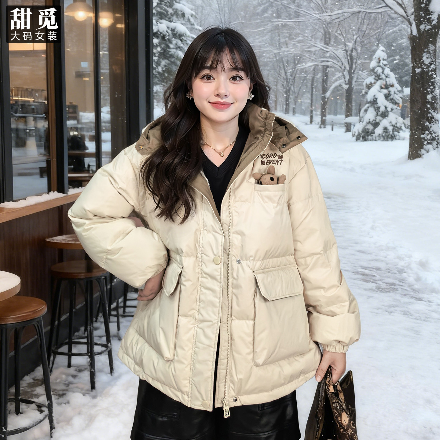 甜觅特大码女装冬装胖mm270斤可爱双拼色90白鸭绒宽松保暖羽绒服