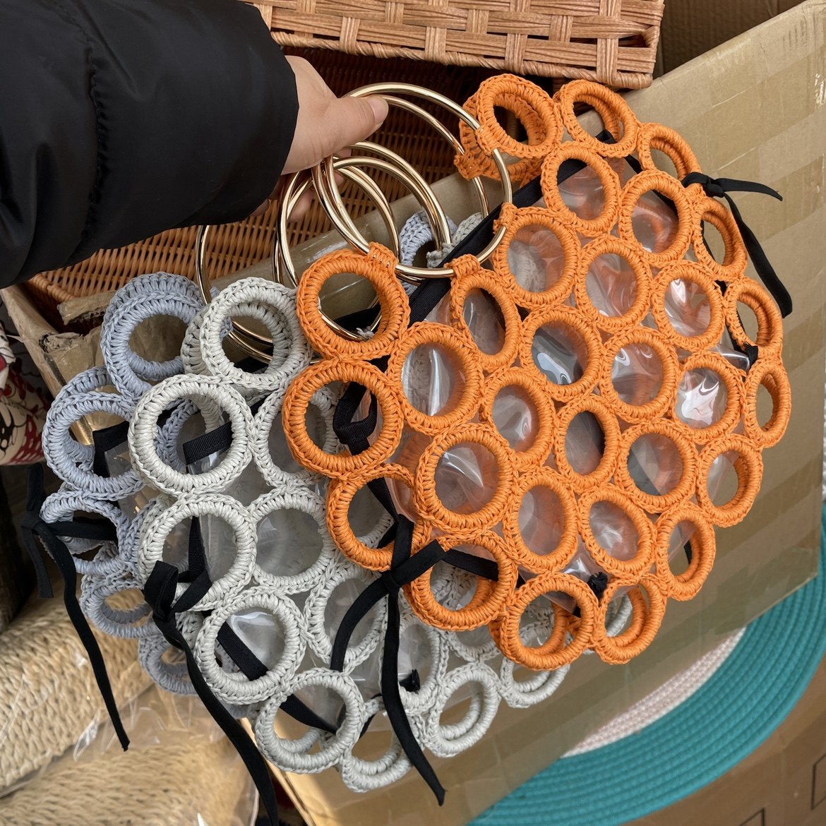 外贸出口原单圆环镂空编织包 透明内衬两件套 海边草编包 手提包